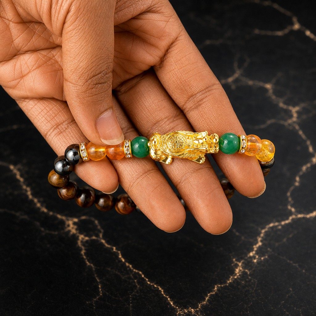 Arpurraina Money Attraction Crystal Bracelet, Feng Shui Pixiu Natural Stone Beaded Bracelet with Citrine, Green Aventurine, Black Obsidian & Tiger Eye for Good Luck Wealth Energy，Success & Protection,Pi Yao, Spiritual Jewelry
