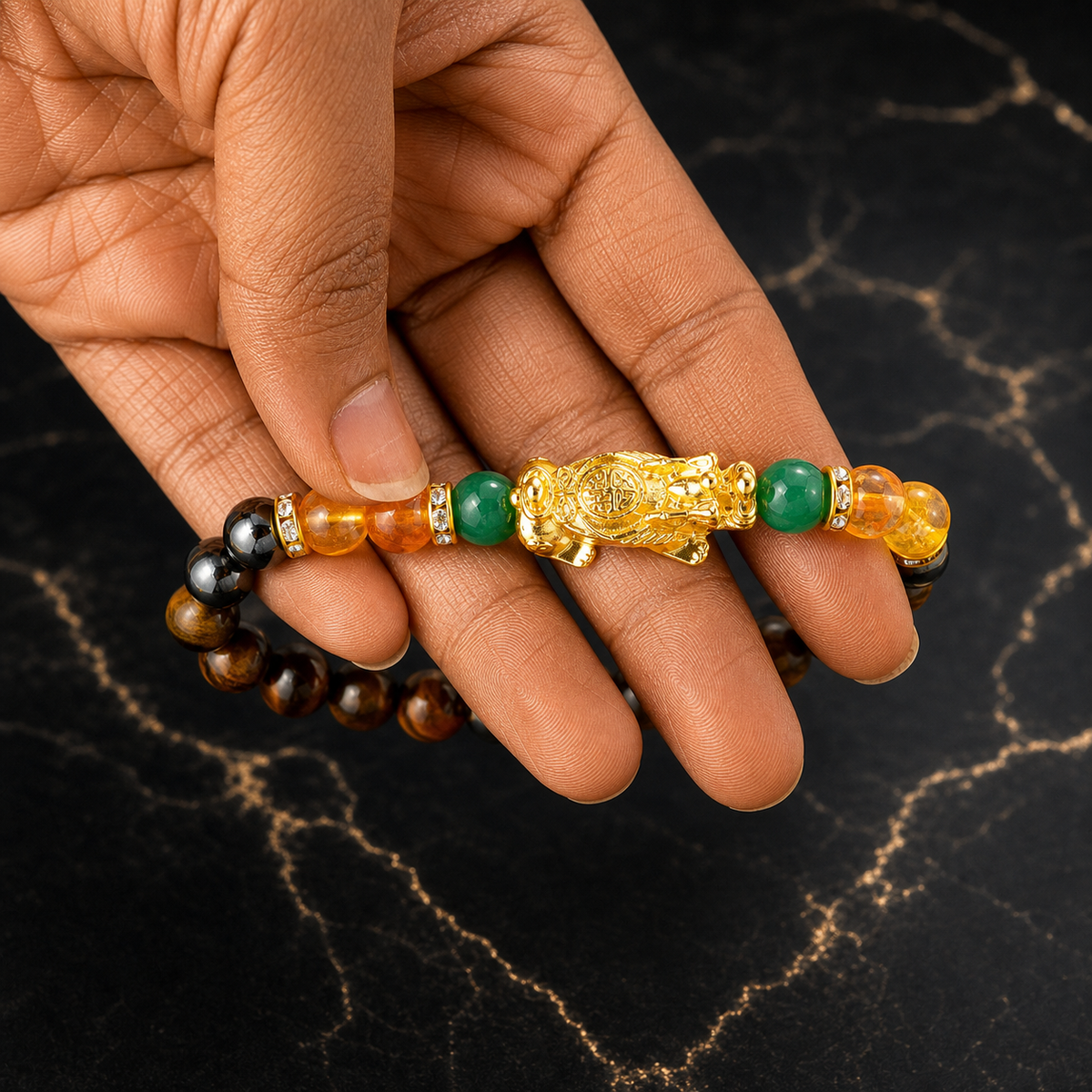 Arpurraina Money Attraction Crystal Bracelet, Feng Shui Pixiu Natural Stone Beaded Bracelet with Citrine, Green Aventurine, Black Obsidian & Tiger Eye for Good Luck Wealth Energy，Success & Protection,Pi Yao, Spiritual Jewelry