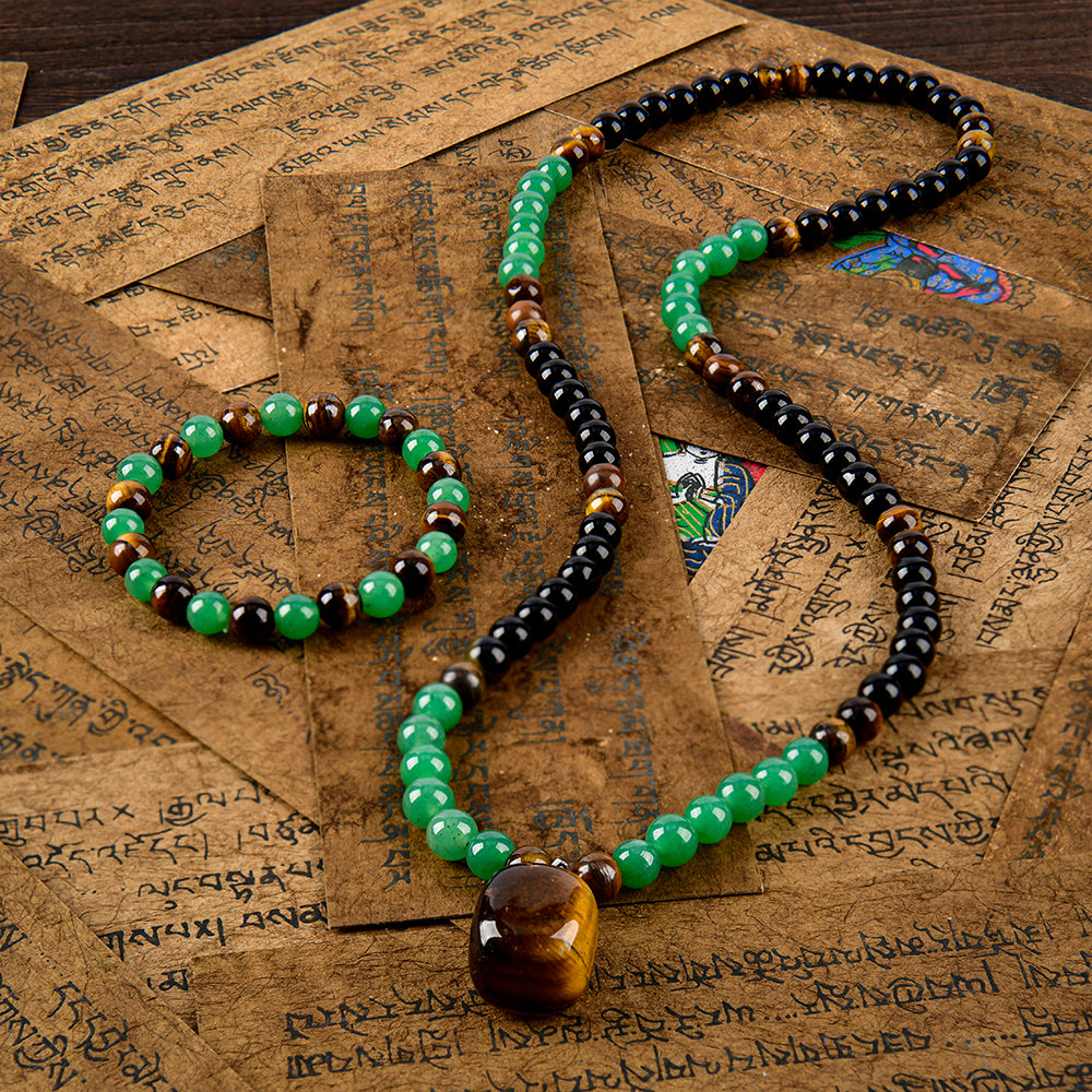 Arpurraina Feng Shui Money Attraction Necklace & Bracelet Set – Green Aventurine & Tiger Eye Pendant Healing Crystal Stone