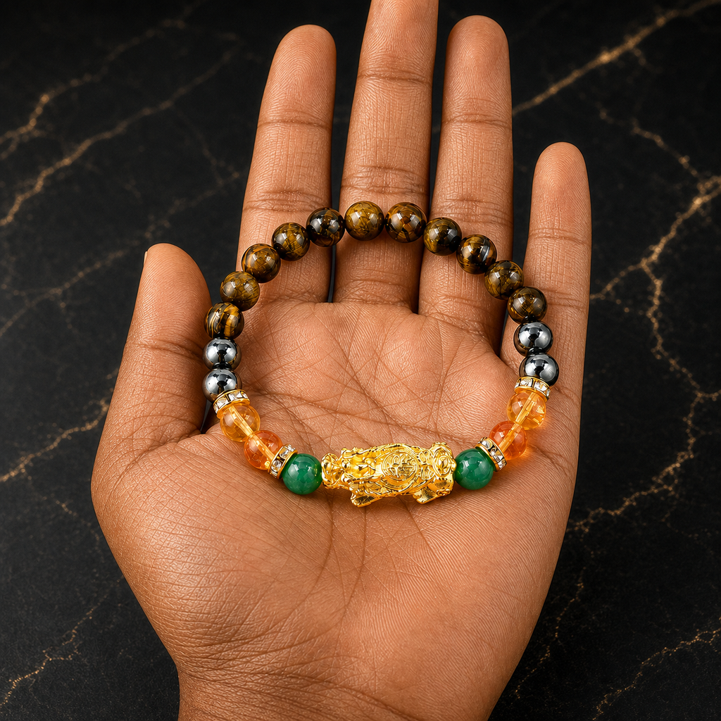 Arpurraina Money Attraction Crystal Bracelet, Feng Shui Pixiu Natural Stone Beaded Bracelet with Citrine, Green Aventurine, Black Obsidian & Tiger Eye for Good Luck Wealth Energy，Success & Protection,Pi Yao, Spiritual Jewelry