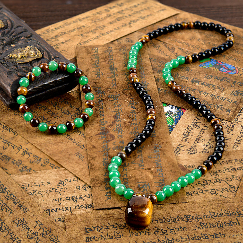 Arpurraina Feng Shui Money Attraction Necklace & Bracelet Set – Green Aventurine & Tiger Eye Pendant Healing Crystal Stone