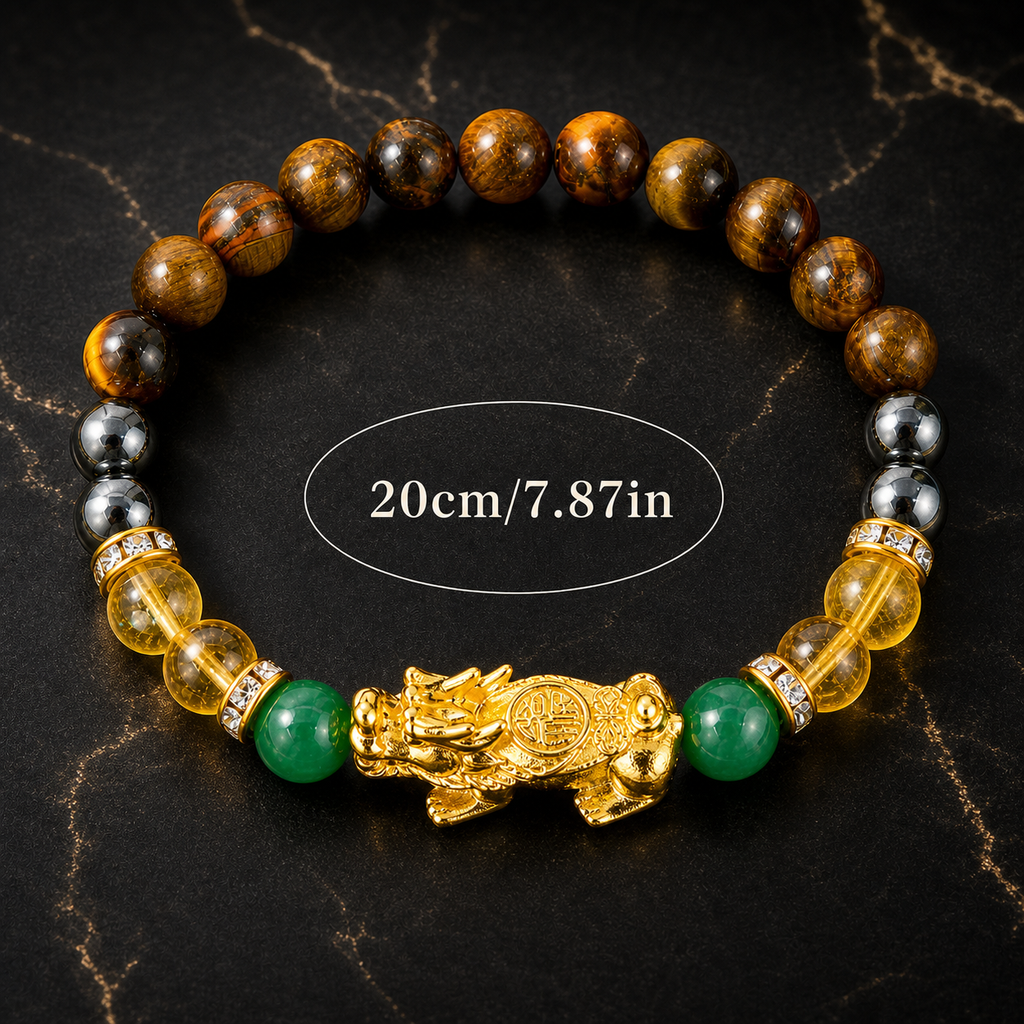 Arpurraina Money Attraction Crystal Bracelet, Feng Shui Pixiu Natural Stone Beaded Bracelet with Citrine, Green Aventurine, Black Obsidian & Tiger Eye for Good Luck Wealth Energy，Success & Protection,Pi Yao, Spiritual Jewelry
