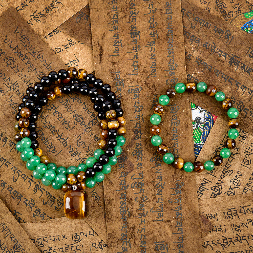 Arpurraina Feng Shui Money Attraction Necklace & Bracelet Set – Green Aventurine & Tiger Eye Pendant Healing Crystal Stone