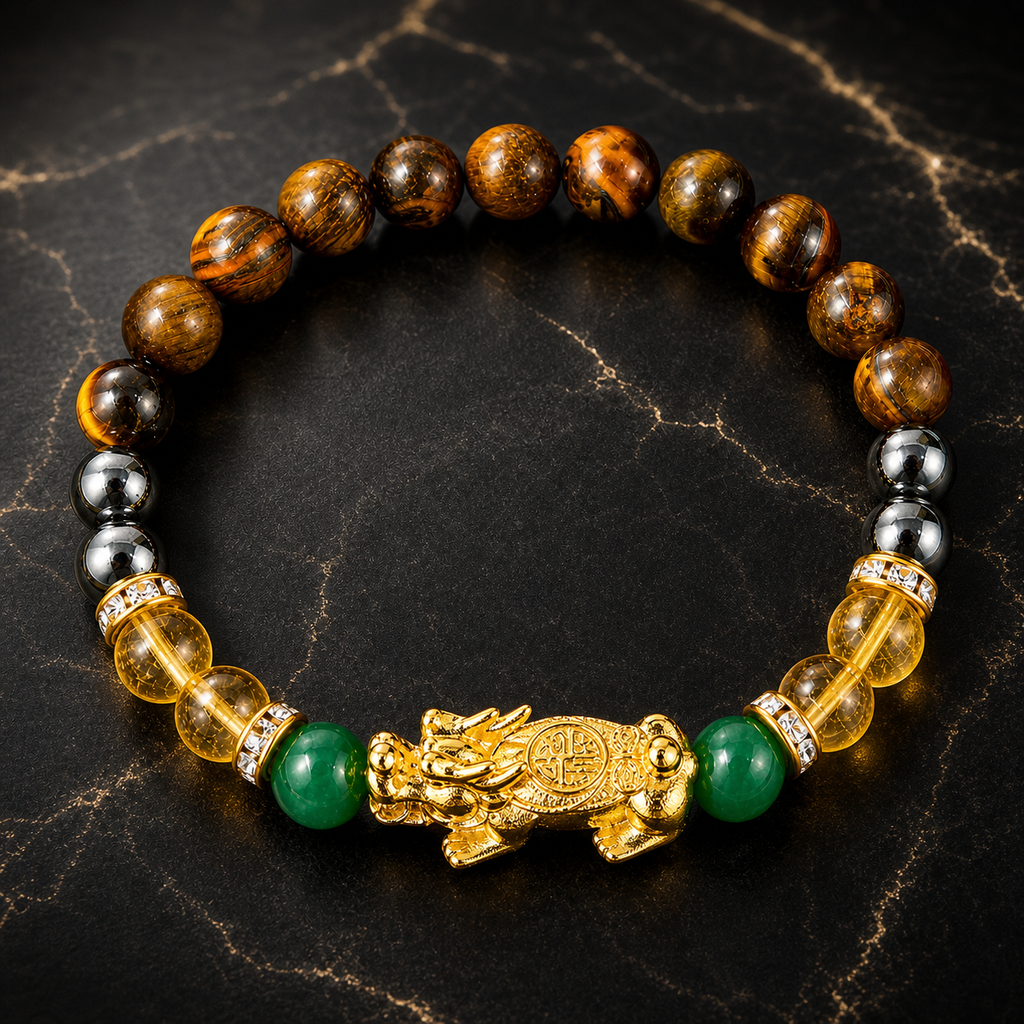Arpurraina Money Attraction Crystal Bracelet, Feng Shui Pixiu Natural Stone Beaded Bracelet with Citrine, Green Aventurine, Black Obsidian & Tiger Eye for Good Luck Wealth Energy，Success & Protection,Pi Yao, Spiritual Jewelry