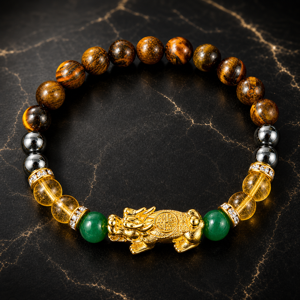 Arpurraina Money Attraction Crystal Bracelet, Feng Shui Pixiu Natural Stone Beaded Bracelet with Citrine, Green Aventurine, Black Obsidian & Tiger Eye for Good Luck Wealth Energy，Success & Protection,Pi Yao, Spiritual Jewelry