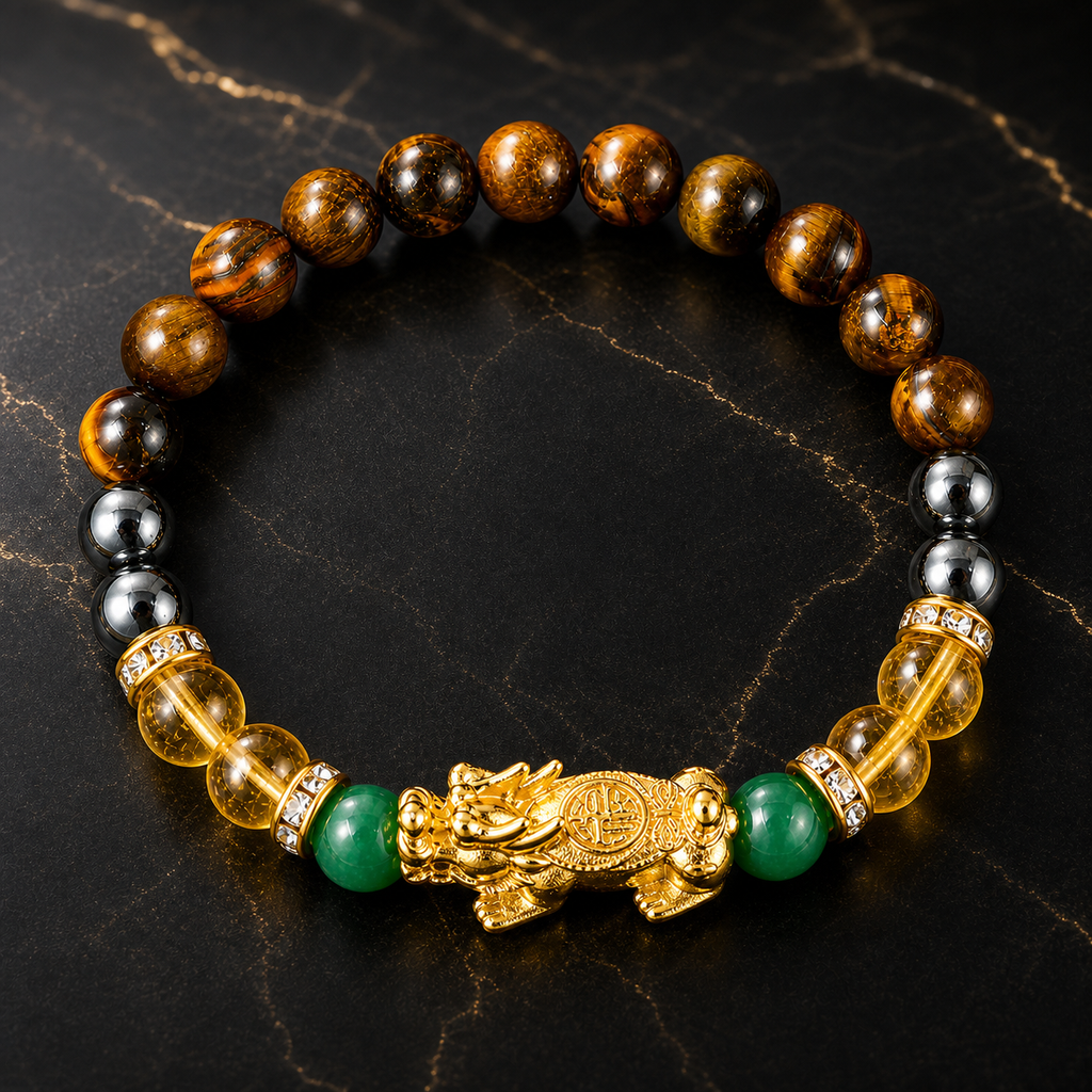 Arpurraina Money Attraction Crystal Bracelet, Feng Shui Pixiu Natural Stone Beaded Bracelet with Citrine, Green Aventurine, Black Obsidian & Tiger Eye for Good Luck Wealth Energy，Success & Protection,Pi Yao, Spiritual Jewelry