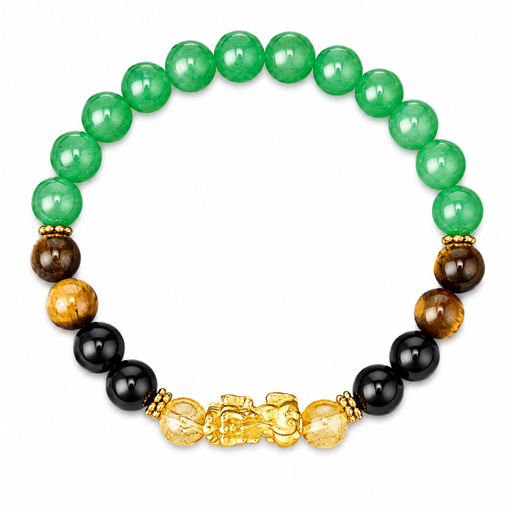 ARPURRAINA Feng Shui Pixiu Bracelet with Citrine, Green Aventurine & Tiger Eye, 8mm Crystal Beads for Men & Women - Spiritual Jewelry for Wealth & Manifestation