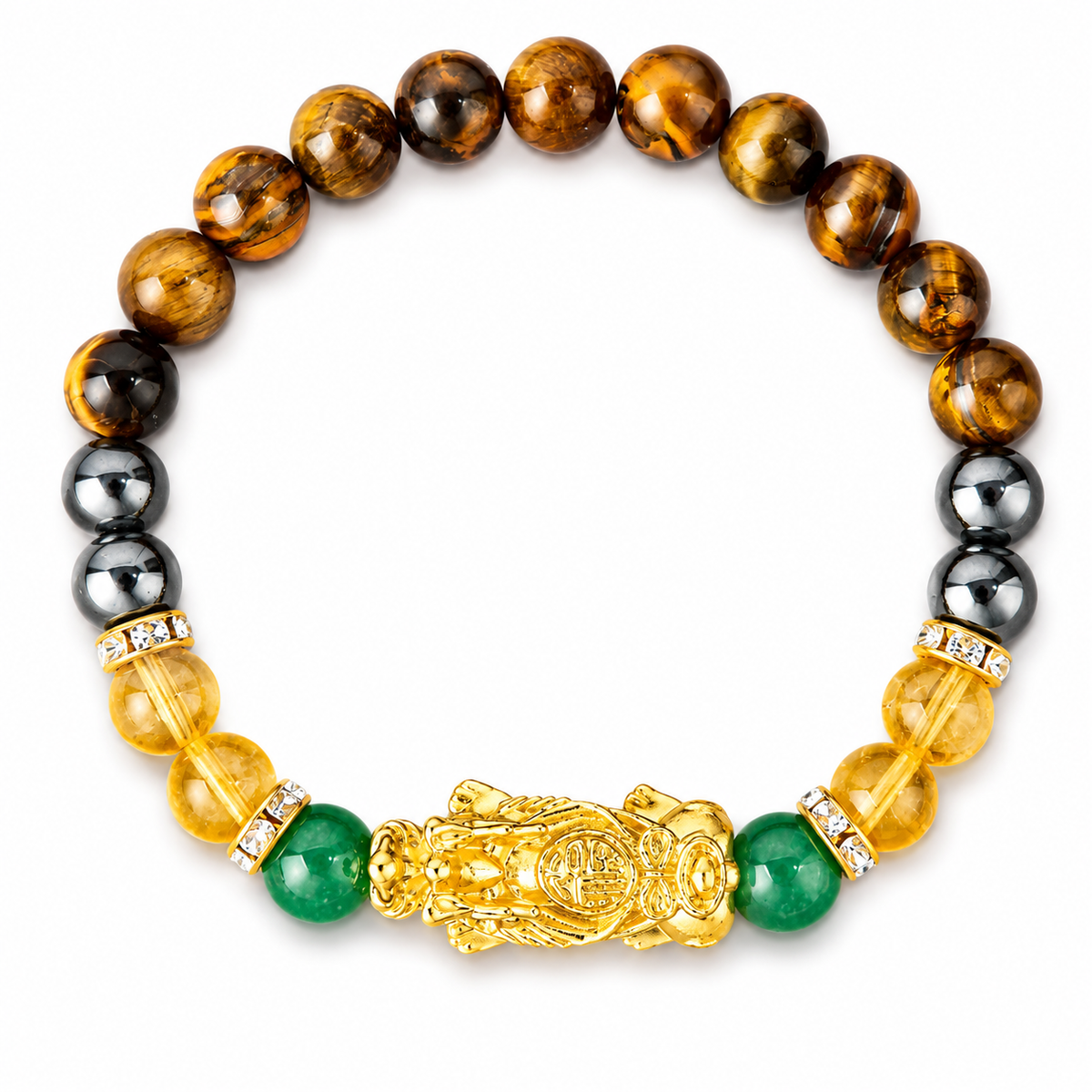 Arpurraina Money Attraction Crystal Bracelet, Feng Shui Pixiu Natural Stone Beaded Bracelet with Citrine, Green Aventurine, Black Obsidian & Tiger Eye for Good Luck Wealth Energy，Success & Protection,Pi Yao, Spiritual Jewelry